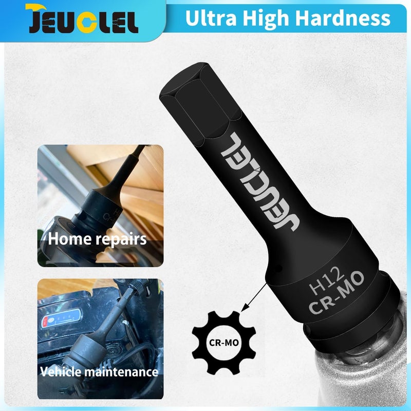JEUCLEL 12mm Hex Impact Bit Socket, H12 1/2-Inch Impact Drive Allen Socket, Cr-Mo Steel Lengthen Hex Screwdriver Adapter for Electric Ratchet Wrenches Fastening Screws - Image 4
